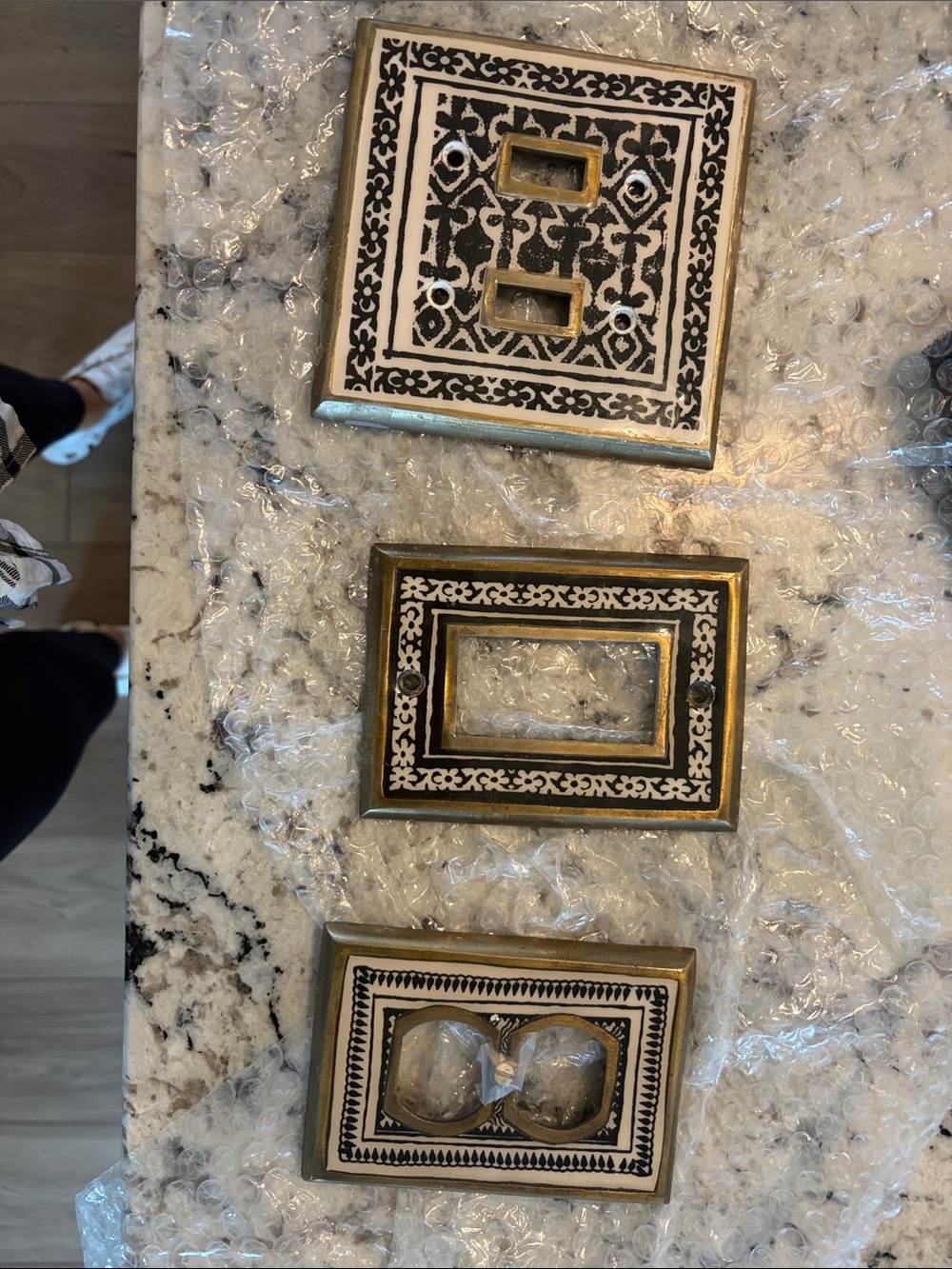 Anthropologie Decorative Brass and Black Ornate Switch Plate Covers - Set of 3